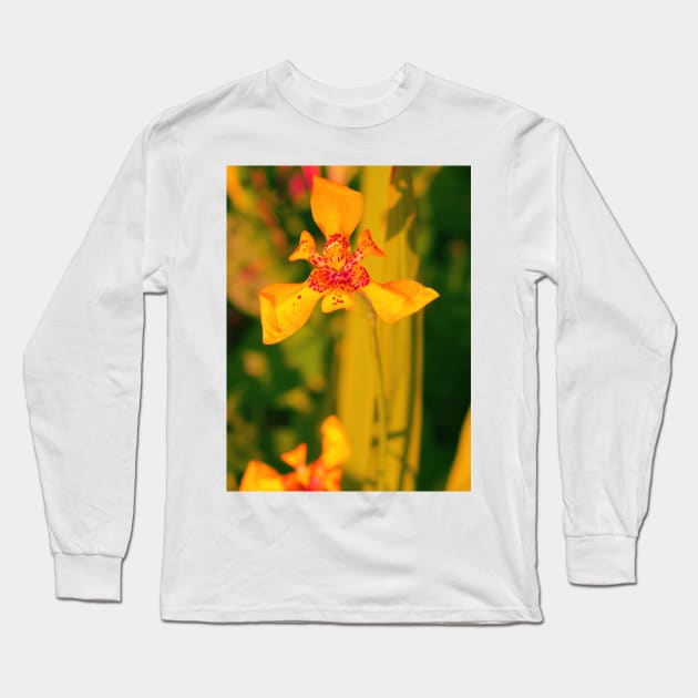 Yellow red lily blossom on yellow background Long Sleeve T-Shirt by kall3bu